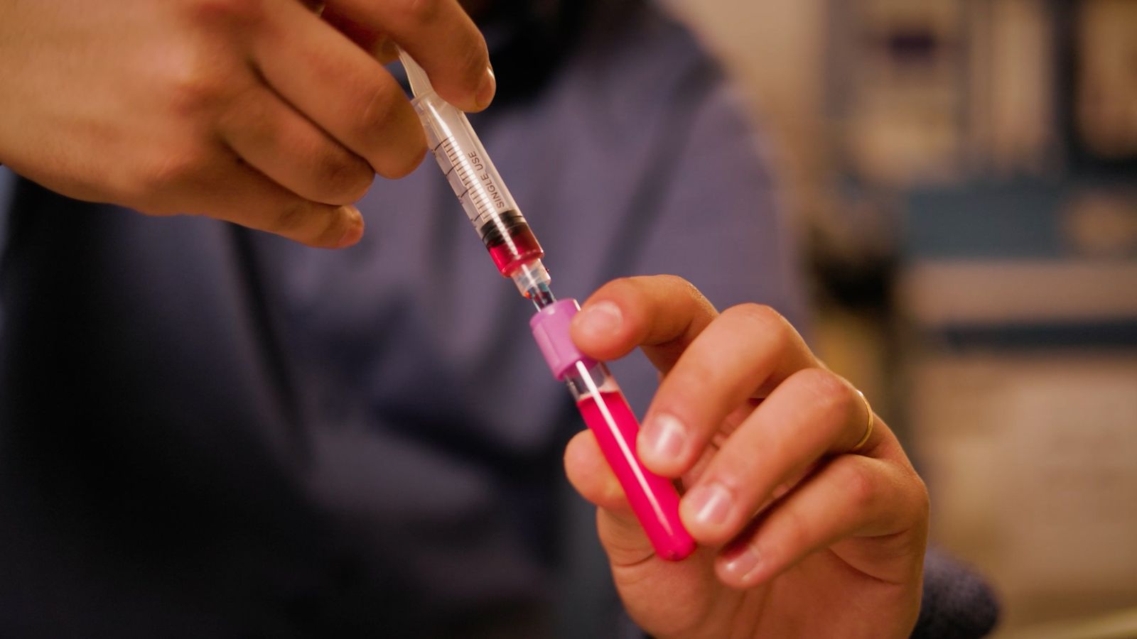 Close-up of a syringe filling a pink sample tube